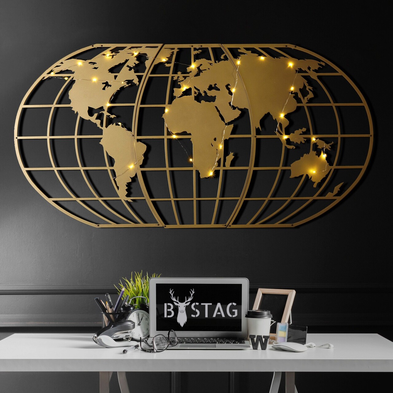 Decoratiune de perete, World Map Globe Led, Dimensiune: 60 x 120 cm, Auriu - imagine 7